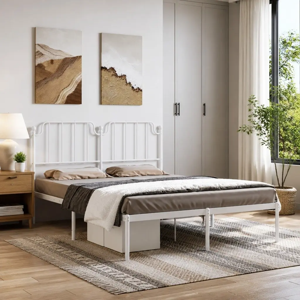 Metal Bed Frame with Headboard 150x200 cm Bedroom Furniture White Slats Support