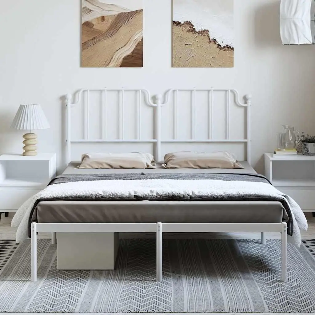 Metal Bed Frame with Headboard 150x200 cm Bedroom Furniture White Slats Support
