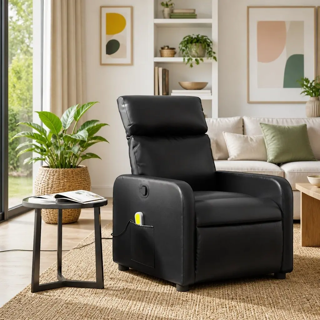 Massage Recliner Chair for Living Room Black Faux Leather Manual Reclining 135 Degrees