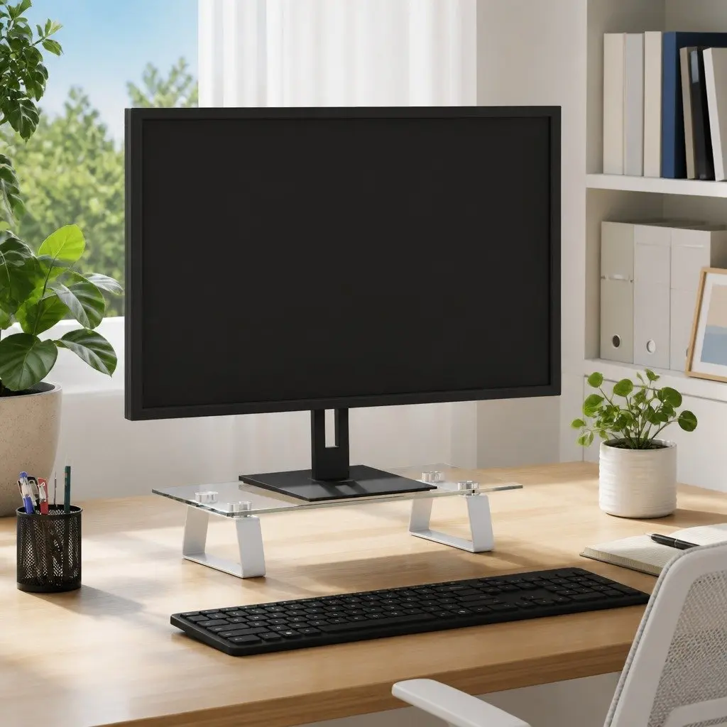 Monitor Stand White Tempered Glass Metal Computer Riser Desk Organiser Storage