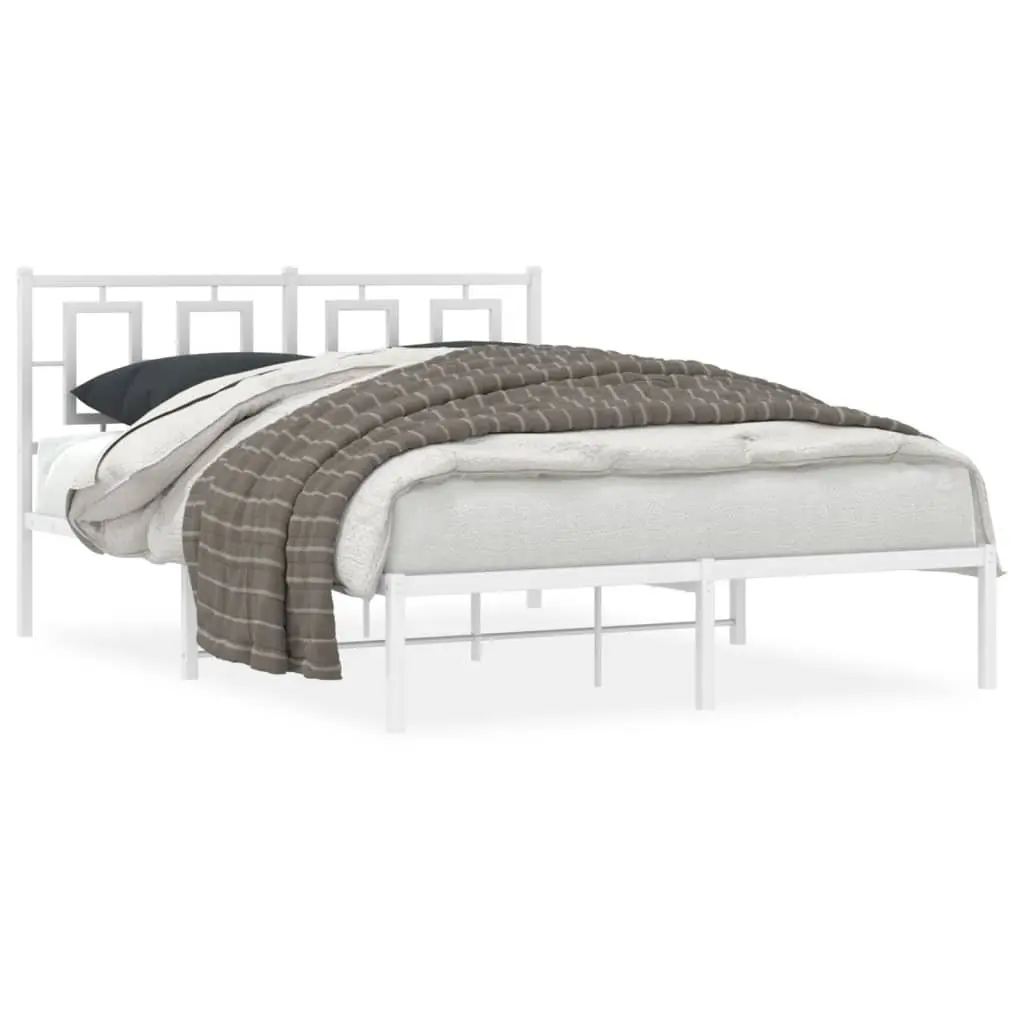 Metal Bed Frame 135x190 cm with Headboard White Bedroom Furniture Slatted Base