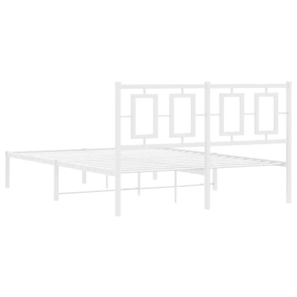 Metal Bed Frame 135x190 cm with Headboard White Bedroom Furniture Slatted Base