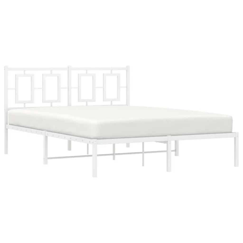 Metal Bed Frame 135x190 cm with Headboard White Bedroom Furniture Slatted Base