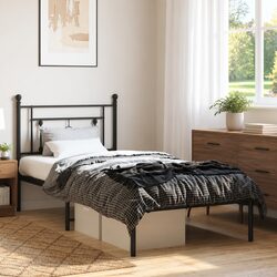Metal Bed Frame Black 90x190cm with Headboard Slatted Base Storage Space