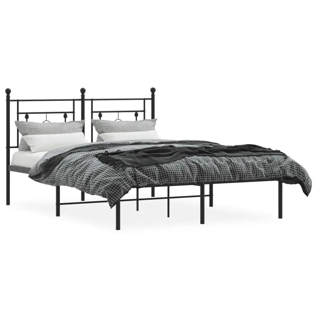 Metal Bed Frame 135x190cm for Bedroom with Headboard Black Steel Slatted Base
