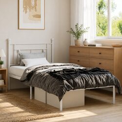 Metal Bed Frame with Headboard - 90x190 cm, White Finish