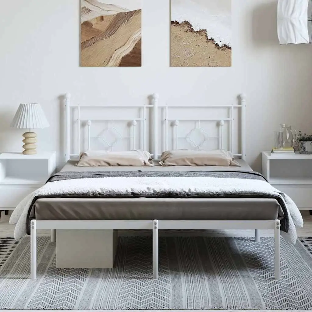 Metal Bed Frame with Headboard White 150x200 cm Bedroom Furniture Slatted Base
