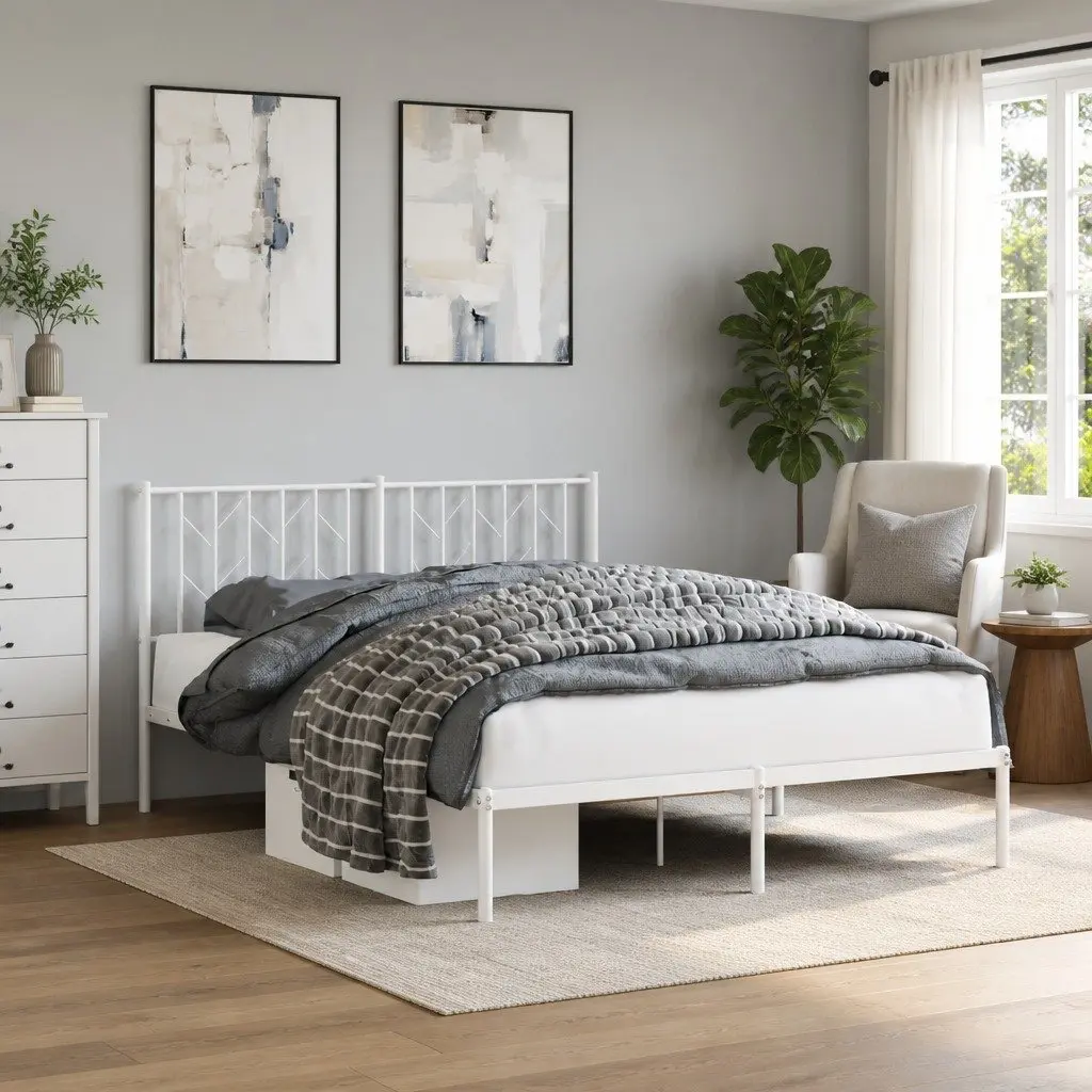 Metal Bed Frame Bedroom 135x190 cm White Slatted Base