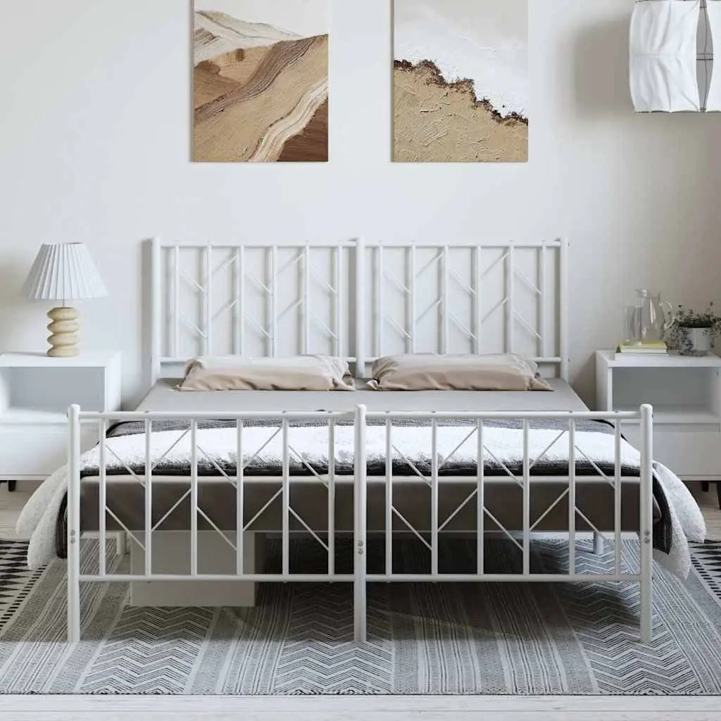 Metal Bed Frame White 150x200 cm with Footboard Storage Space Slatted Base