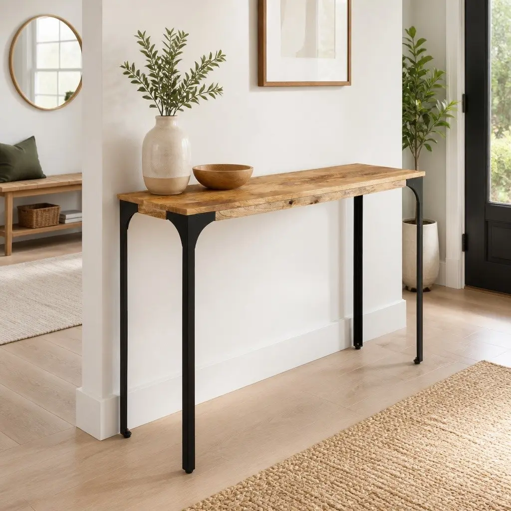 Console Table Brown Solid Wood Mango Iron Feet Hall Entryway Accent Display