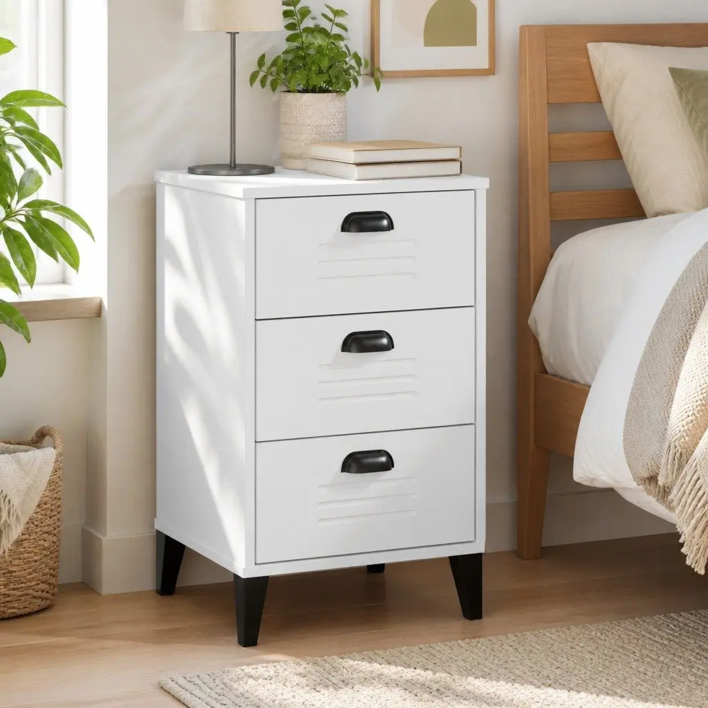 Bedside Table Bedroom White Engineered Wood Nightstand Storage Cabinet