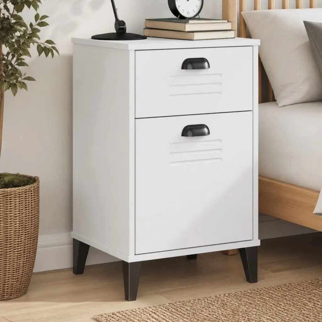 White Engineered Wood Bedside Cabinet with Handles