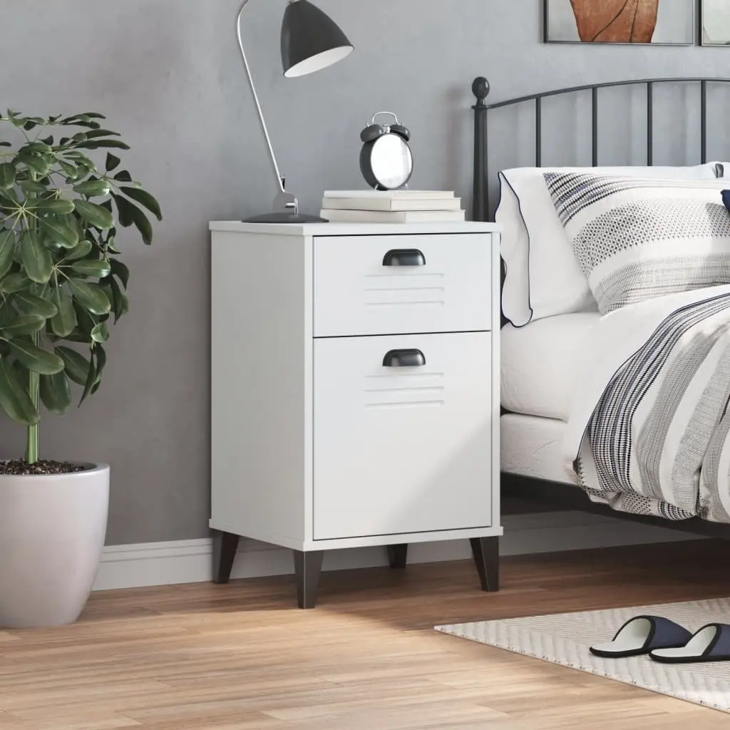 White Engineered Wood Bedside Cabinet with Handles