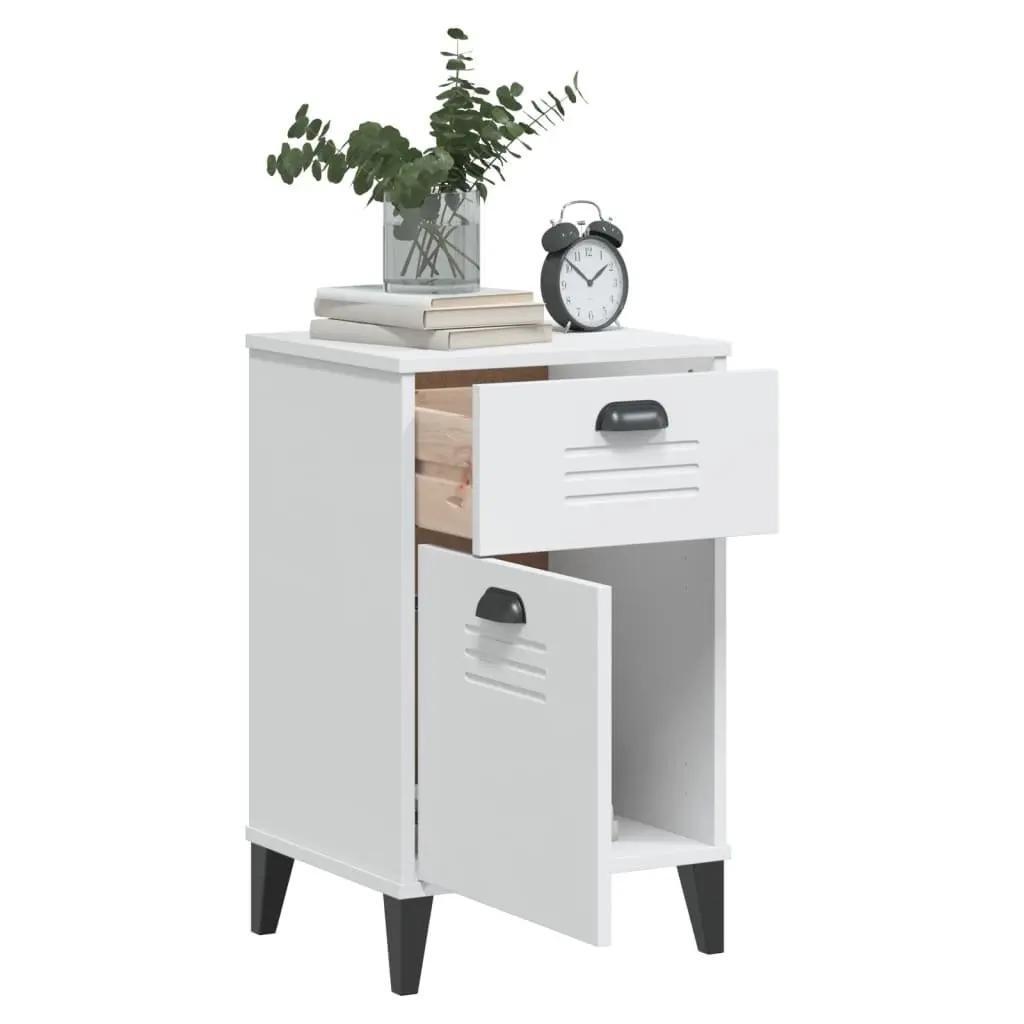 White Engineered Wood Bedside Cabinet with Handles