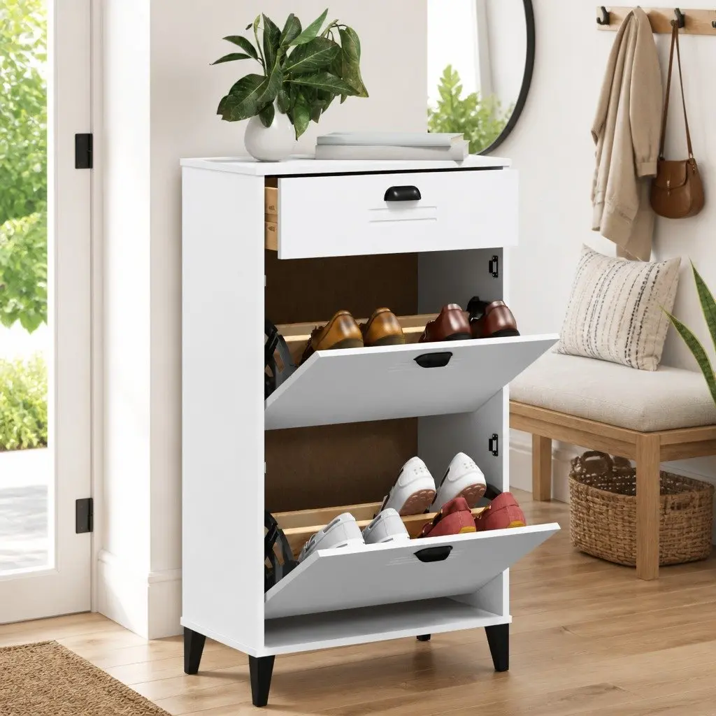 Shoe Cabinet White Engineered Wood Flip Drawer Organiser Storage Cupboard