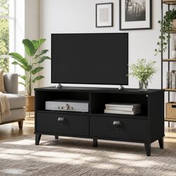 Black Engineered Wood TV Cabinet with Spacious Storage and Cable Management