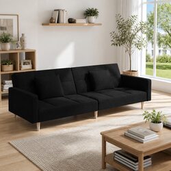 2-Seater Sofa Bed Specifications: Black Fabric, Wooden Frame