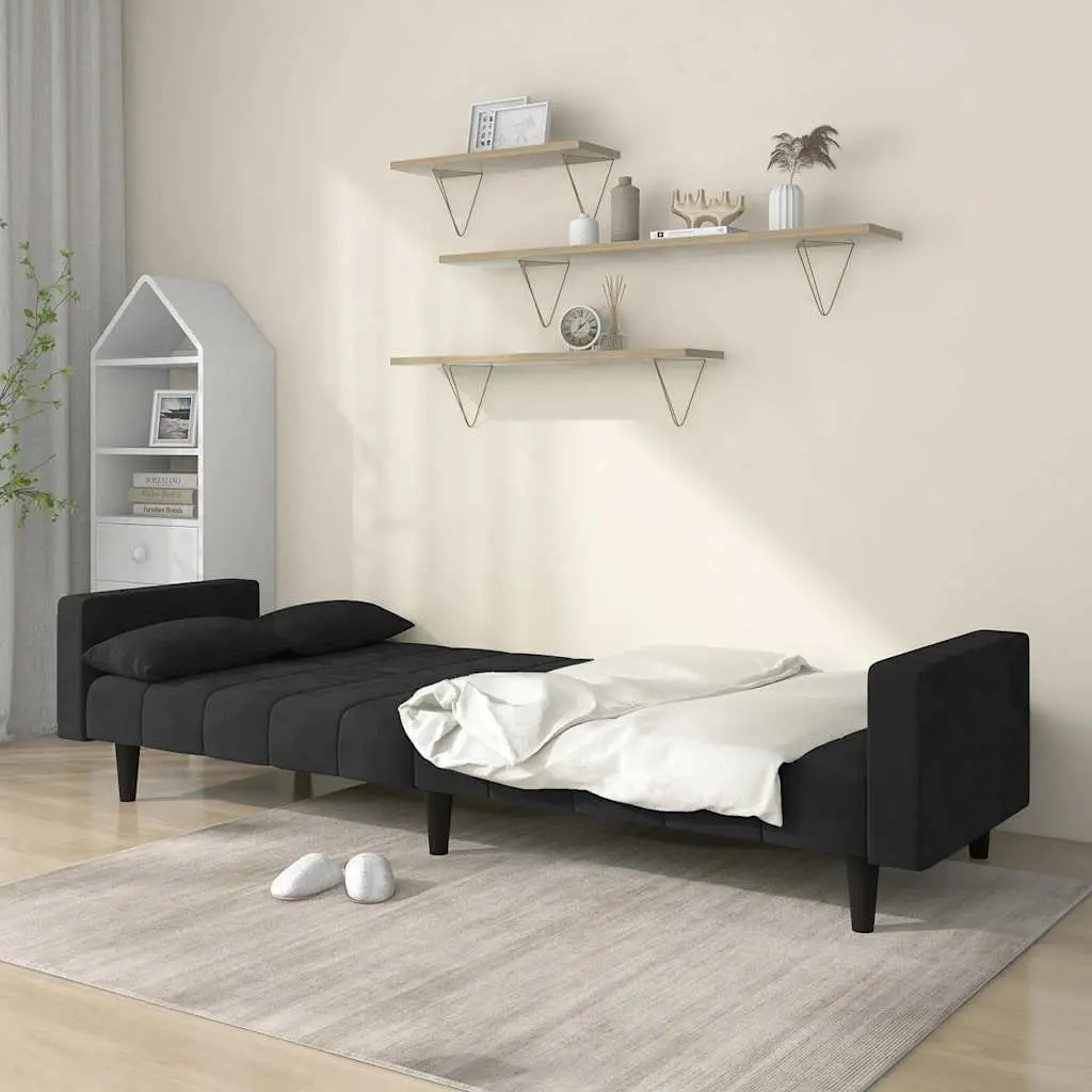 2-Seater Sofa Bed for Living Room Black Velvet Convertible Couch