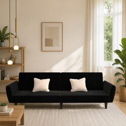 2-Seater Convertible Sofa Bed: Black Velvet, Wooden Frame