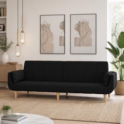 2-Seater Sofa Bed Black Fabric Guest Sleeper Convertible Day Bed with Pillows