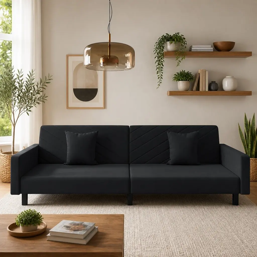 2-Seater Black Velvet Sofa Bed