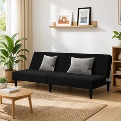 2-Seater Sofa Bed Convertible Day Bed Black Velvet Guest Living Room Bedroom