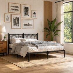 Black Metal Bed Frame 150x200 cm with Steel Headboard and Legs