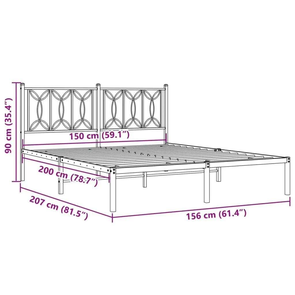 Black Metal Bed Frame 150x200 cm with Steel Headboard and Legs