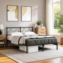 Metal Bed Frame 135x190 cm with Headboard Black Slatted Base Bedroom Furniture