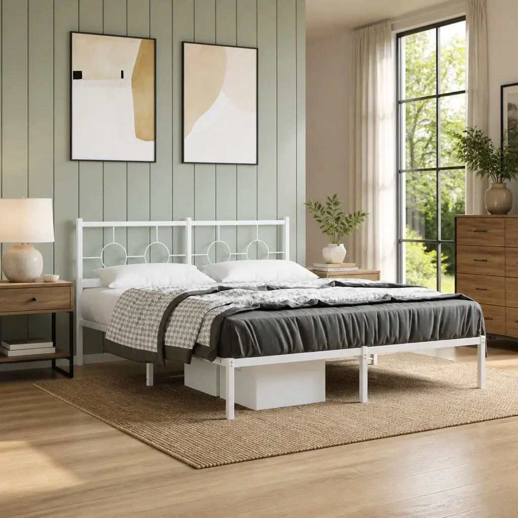 Metal Bed Frame for Bedroom 150x200 cm with Headboard Slatted Base White