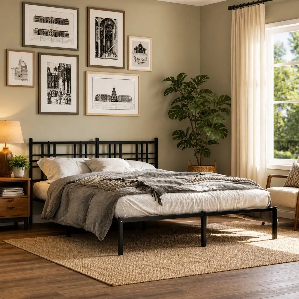 Metal Bed Frame with Headboard for Bedroom Black 150x200 cm