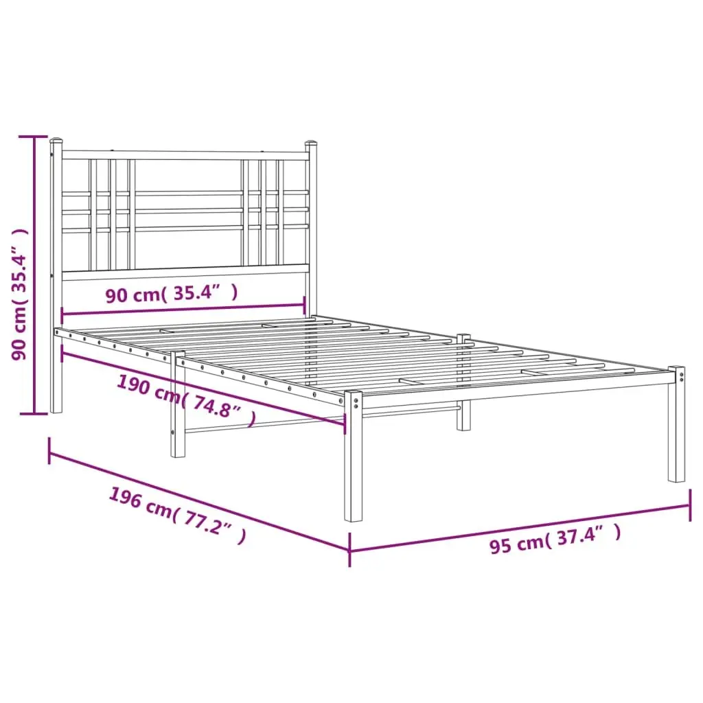 Metal Bed Frame White for Bedroom 90x190 cm with Headboard and Under-Bed Storage Space