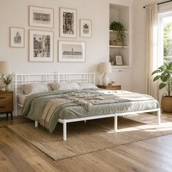 Metal King Bed Frame 183x203cm - White Steel Construction