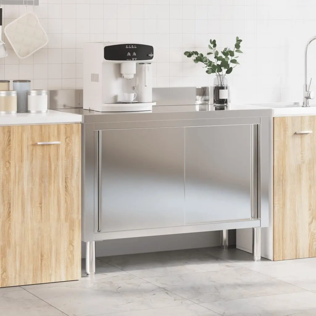 Stainless Steel Work Table for Commercial Kitchen with Sliding Doors and Storage Shelf