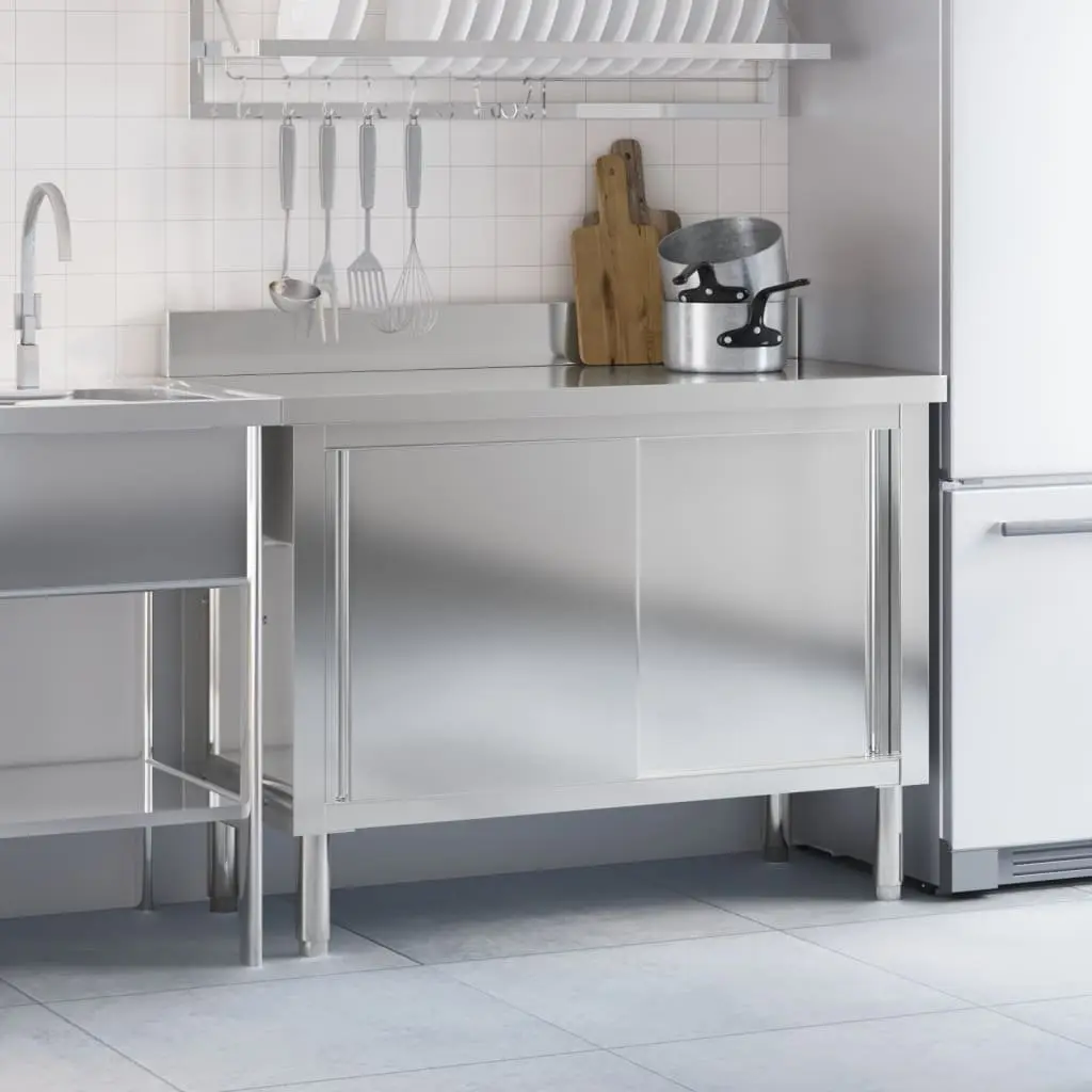 Stainless Steel Work Table for Commercial Kitchen with Sliding Doors and Storage Shelf
