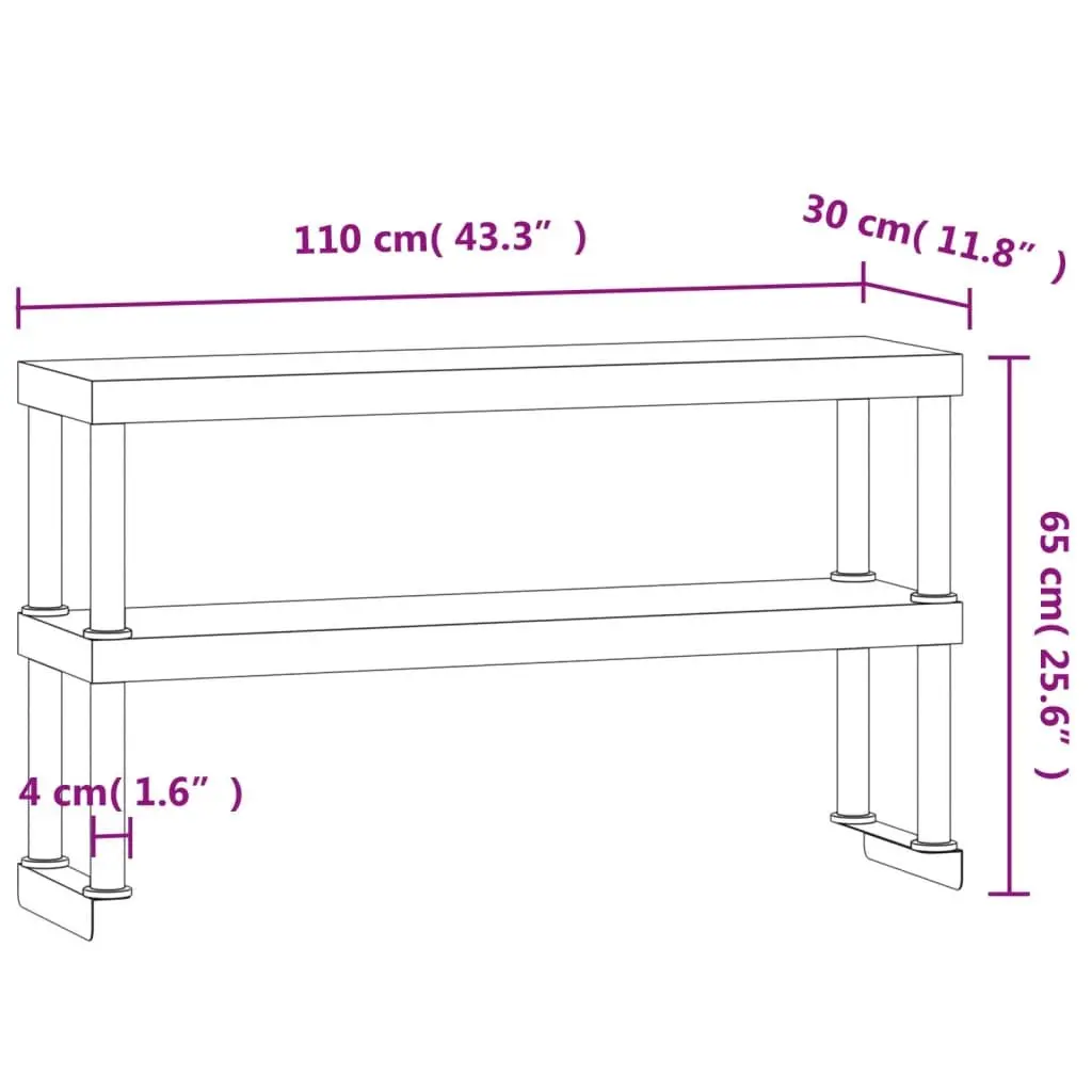 Stainless Steel 2-Tier Overshelf Work Table for Kitchen Prep 110x30x65cm