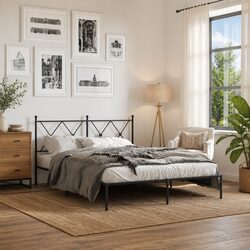 Metal Bed Frame 135x190 cm Black with Headboard Slatted Base Bedroom Furniture