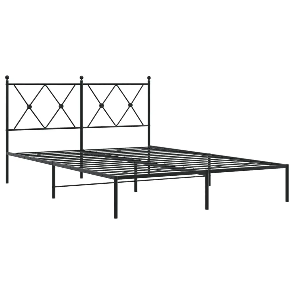 Metal Bed Frame 135x190 cm Black with Headboard Slatted Base Bedroom Furniture