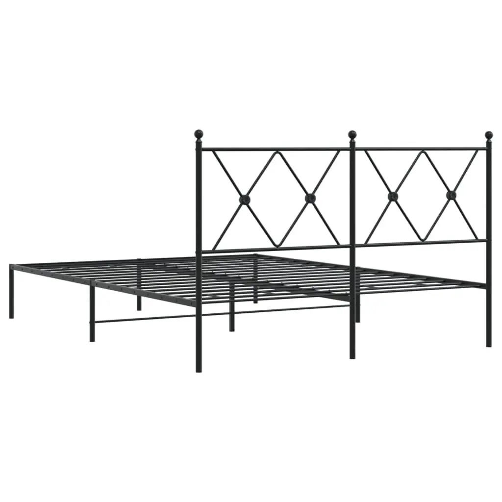 Metal Bed Frame 135x190 cm Black with Headboard Slatted Base Bedroom Furniture