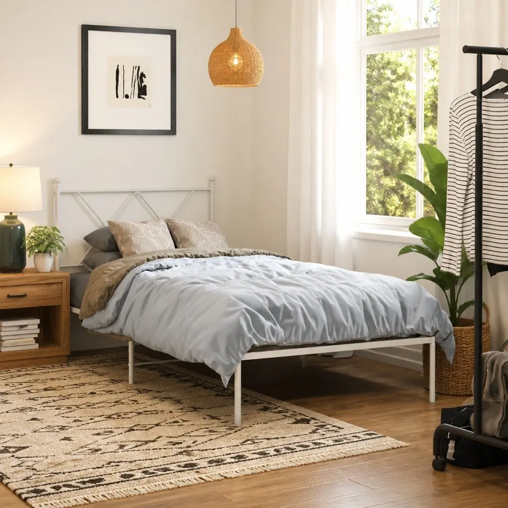 90x190 cm Metal Bed Frame with Headboard and Slatted Base