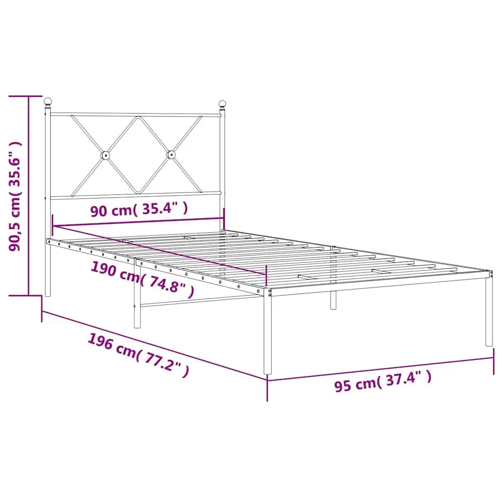90x190 cm Metal Bed Frame with Headboard and Slatted Base