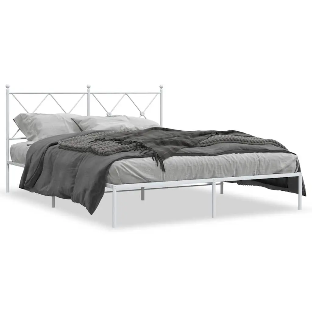 Metal Bed Frame with Headboard White 150x200 cm Bedroom Furniture Slatted Base
