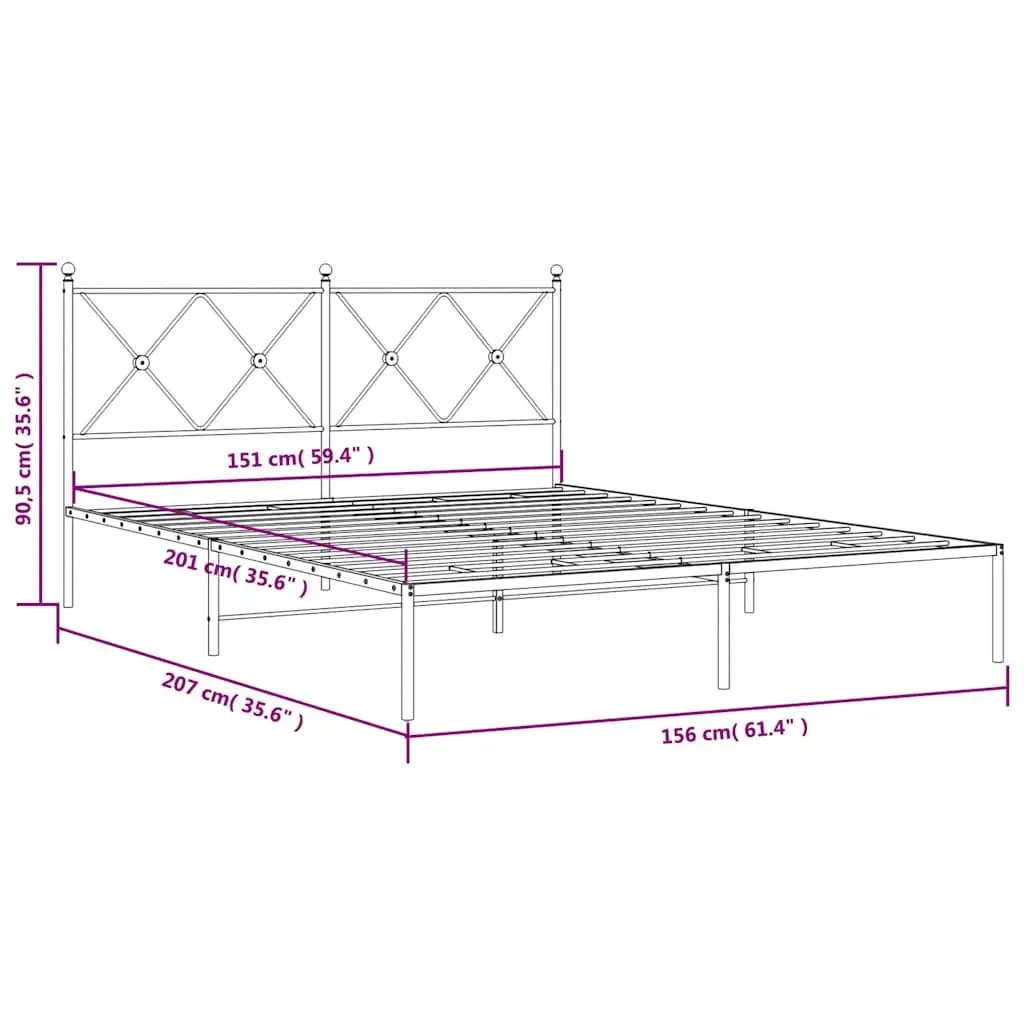 Metal Bed Frame with Headboard White 150x200 cm Bedroom Furniture Slatted Base
