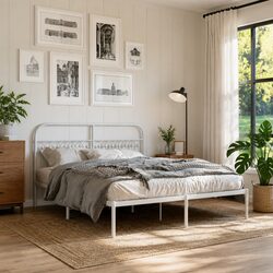 Metal Bed Frame with Headboard in White - 150x200 cm
