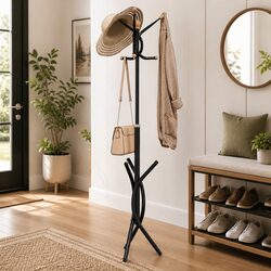 Coat Stand Black 176cm Iron Frame 9 Hooks Storage Rack Hallway Bedroom Organiser
