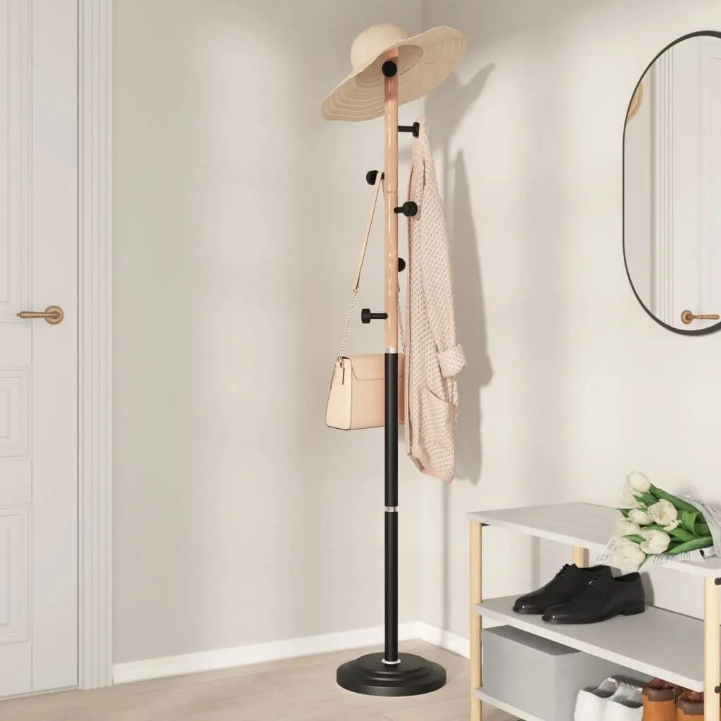 Coat Stand Black 177cm Iron Beech Wood 6 Hooks Storage Rack Hallway Bedroom