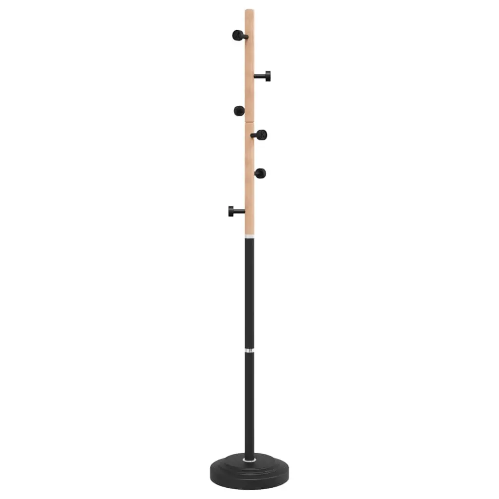 Coat Stand Black 177cm Iron Beech Wood 6 Hooks Storage Rack Hallway Bedroom
