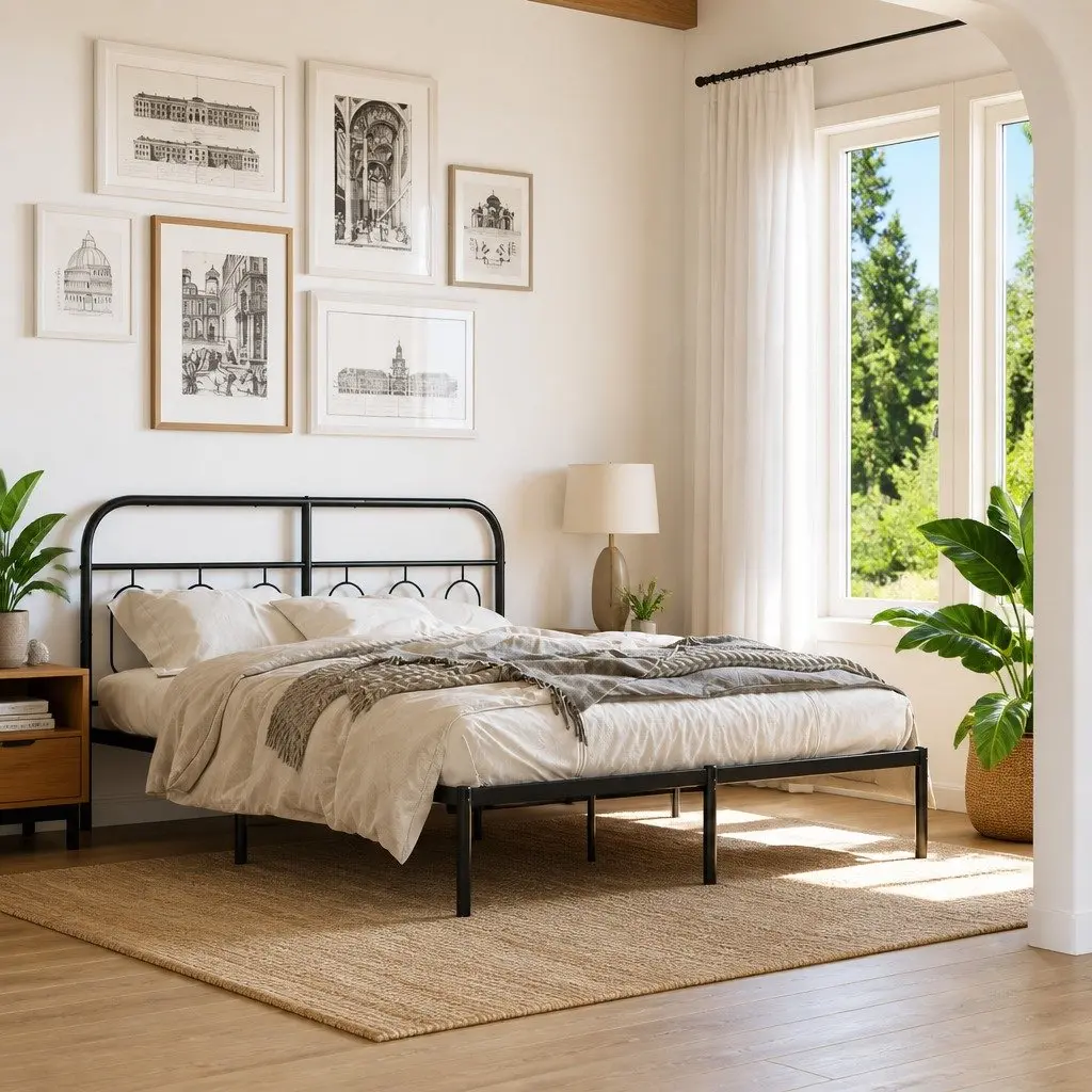 Metal Bed Frame Bedroom 150x200 cm Black Steel