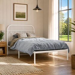 Metal Bed Frame King Single 107x203 cm White Headboard Steel Slats Storage