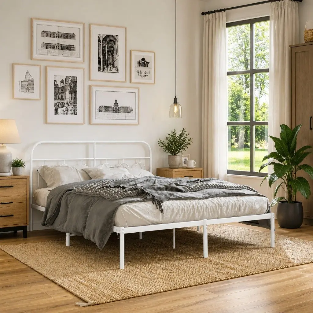 Metal Bed Frame for Bedroom 135x190 cm White Steel Slats Support Storage Space